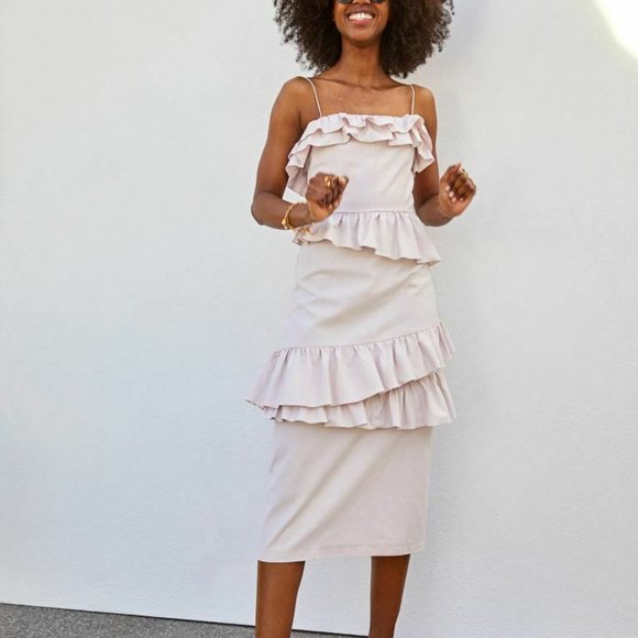 Brock Collection x H&M Flounced Dress NWT Cotton Light Pink Fitted Tiers - Picture 3 of 13